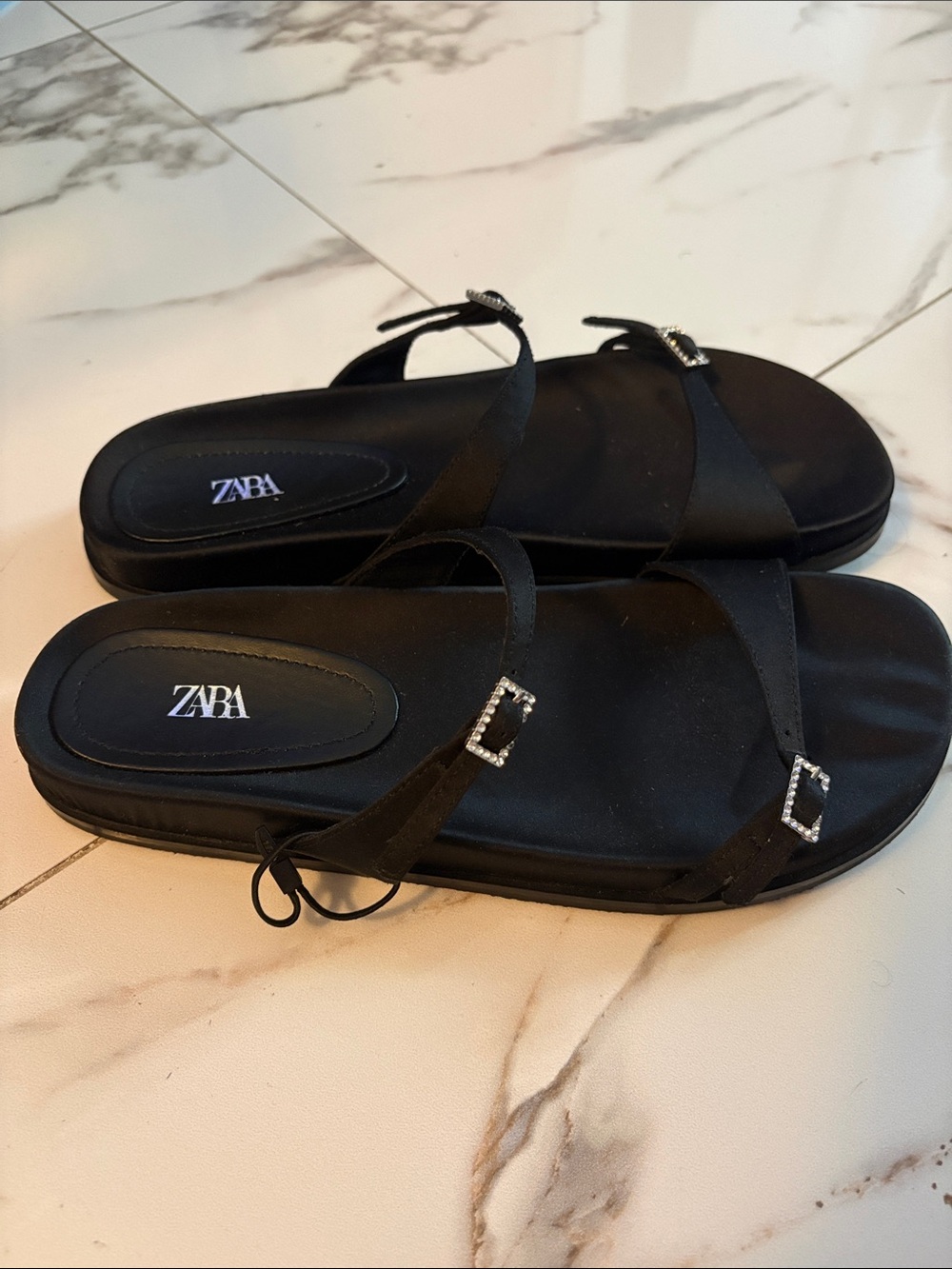 Zara Black Rhinestone Buckle Strappy Flat Sandals